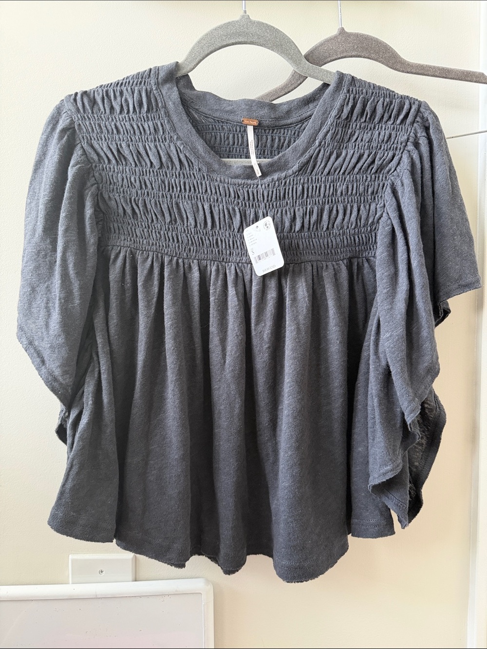 Free People Charcoal Smocked Yoke Flutter Sleeve Blouse
